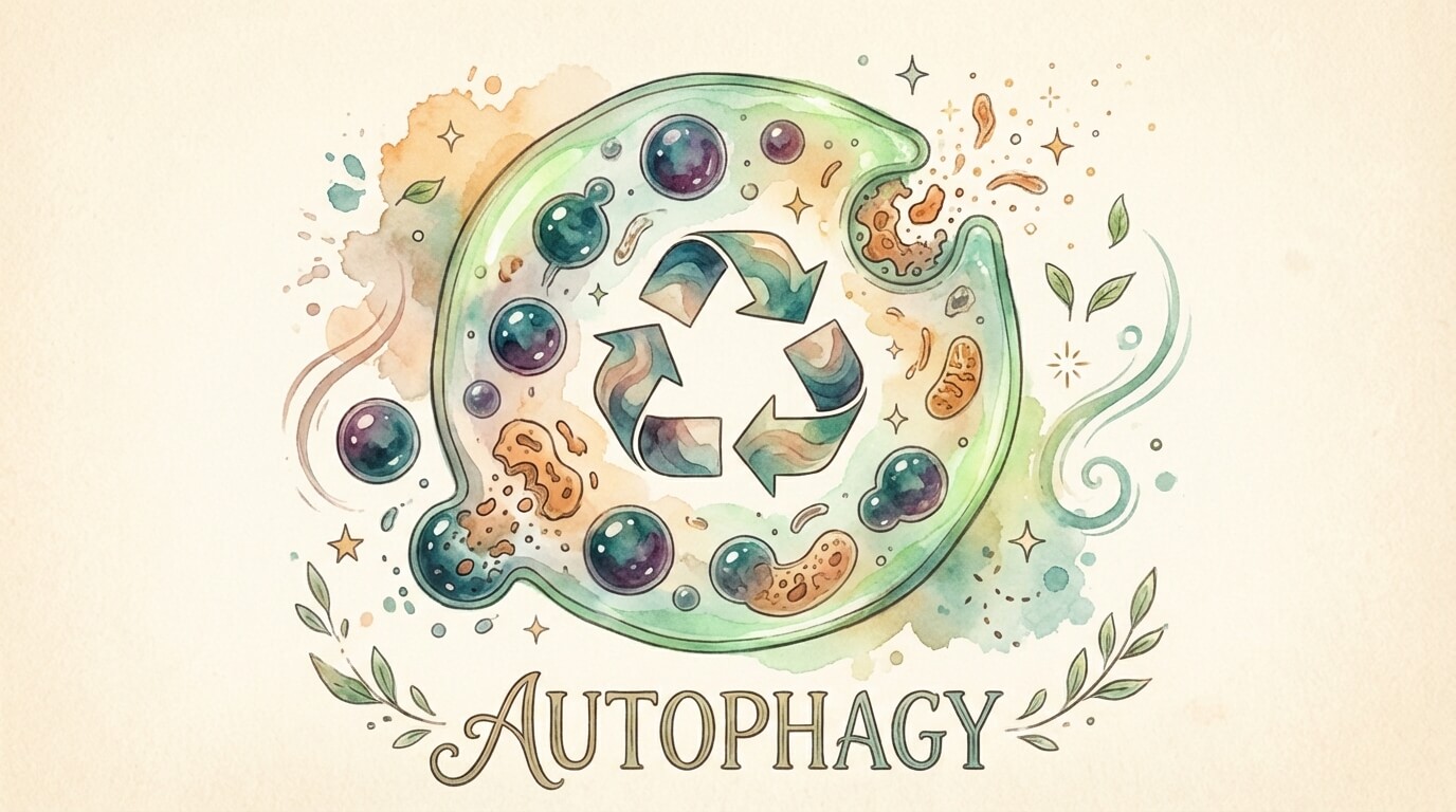 Autophagy - Watercolour illustration of cellular recycling with lysosomes breaking down damaged components