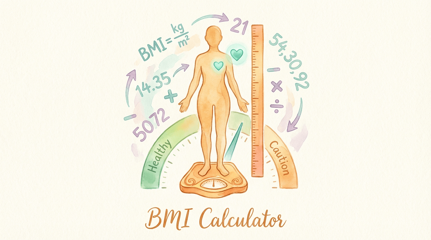 BMI Calculator - Watercolour illustration of a figure on a scale with height measurement and BMI formula