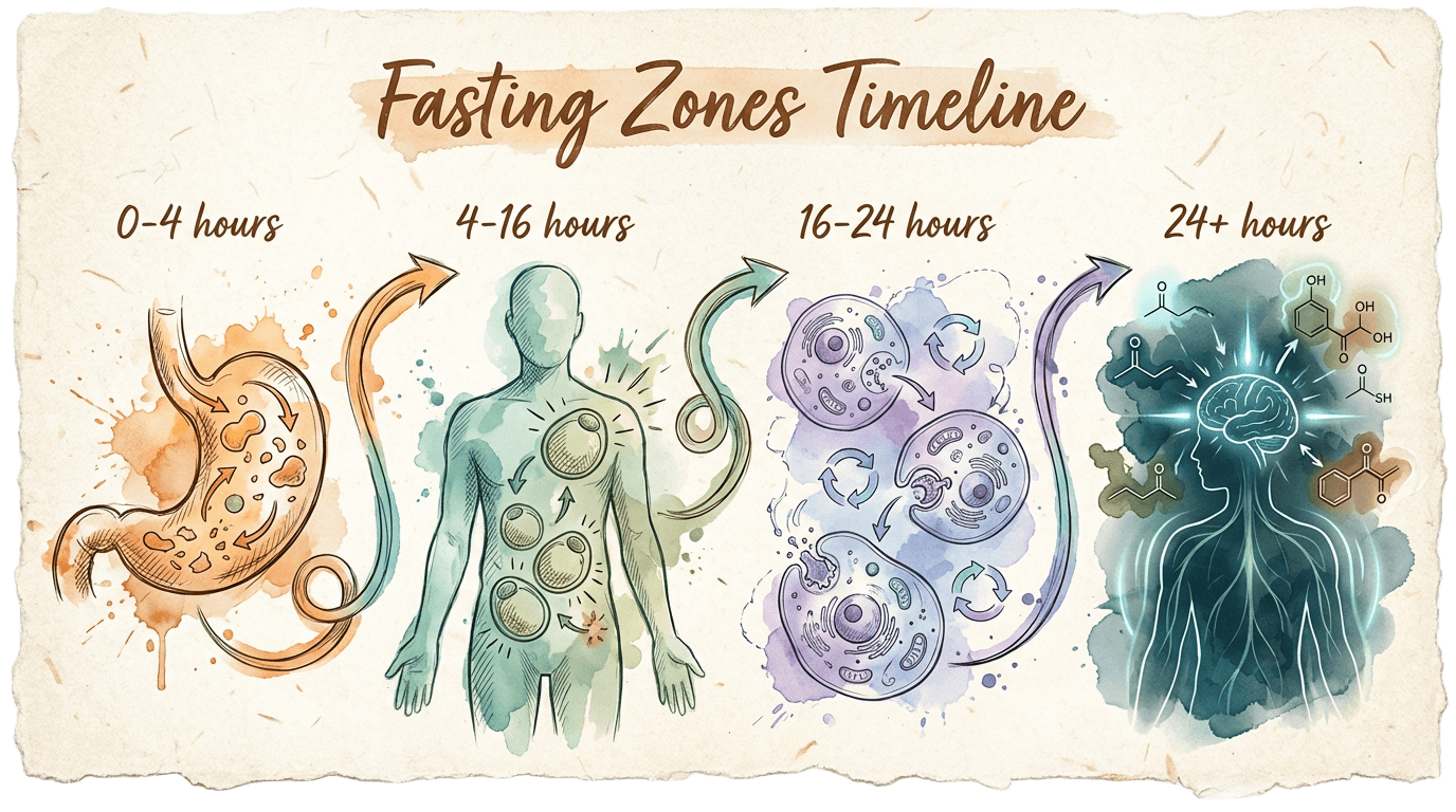 Fasting Zones Timeline - Visual guide showing metabolic stages from 0-4 hours through 24+ hours