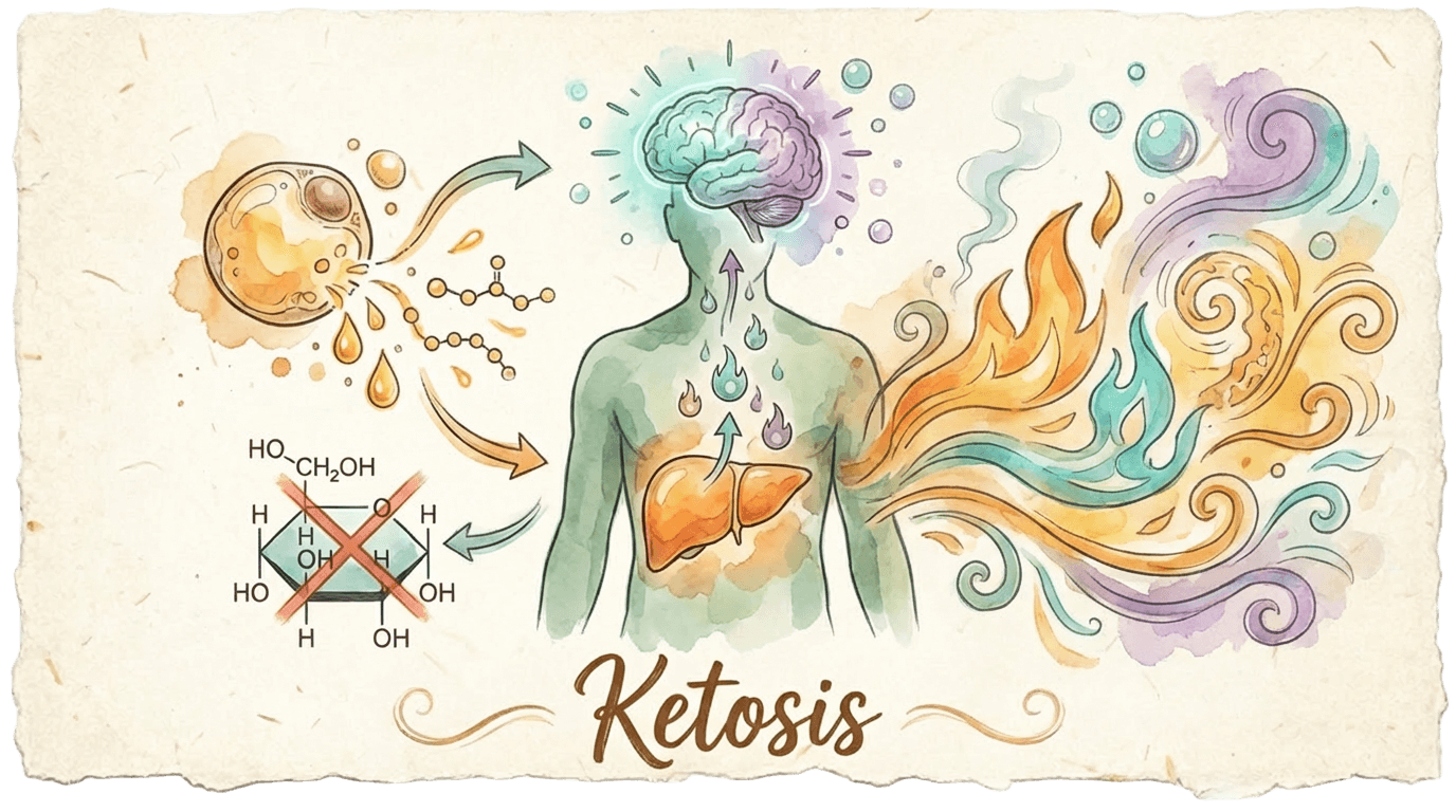 Ketosis - Watercolour illustration showing the liver producing ketones that fuel the brain during fasting