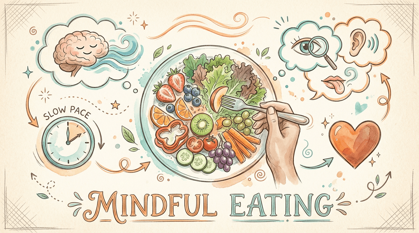 Mindful Eating - A colourful plate of healthy food with icons representing awareness, taste, and heart health